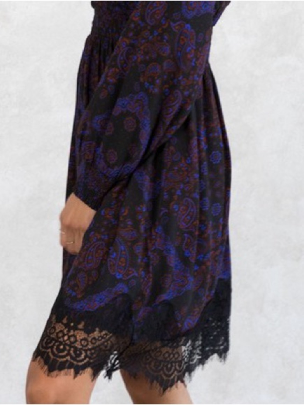 NWT LoveStitch Black dress lace vneck smocked waist- long sleeve paisley print S - Picture 7 of 7
